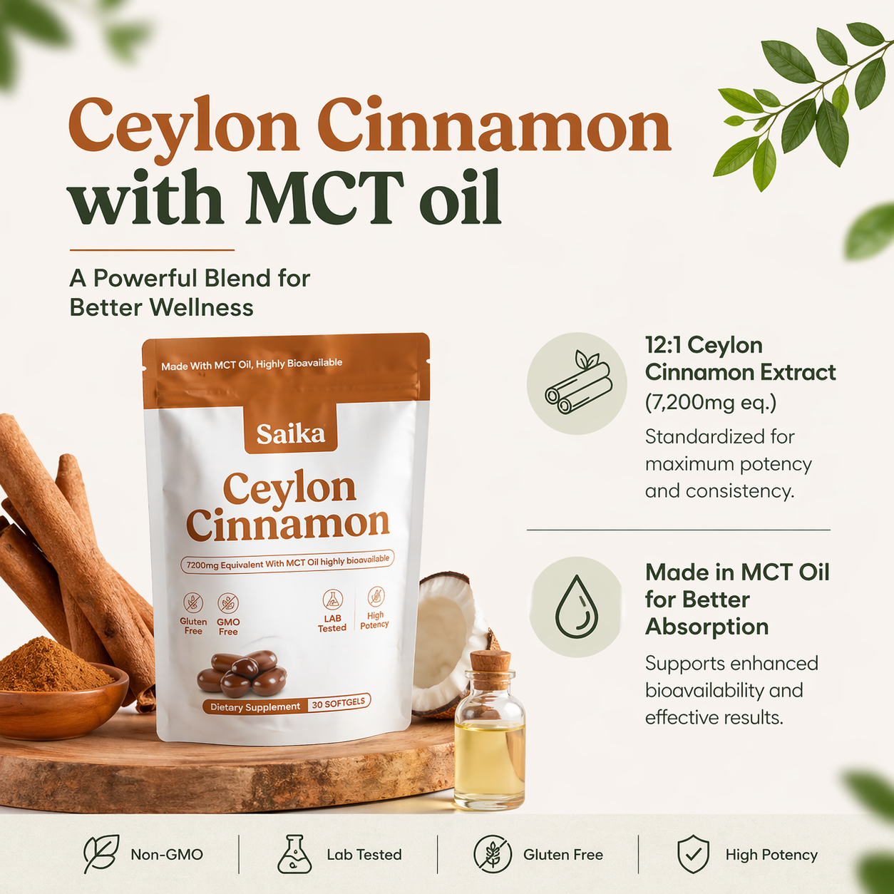 Ceylon Cinnamon 7200mg Equivalent with MCT Oil PM